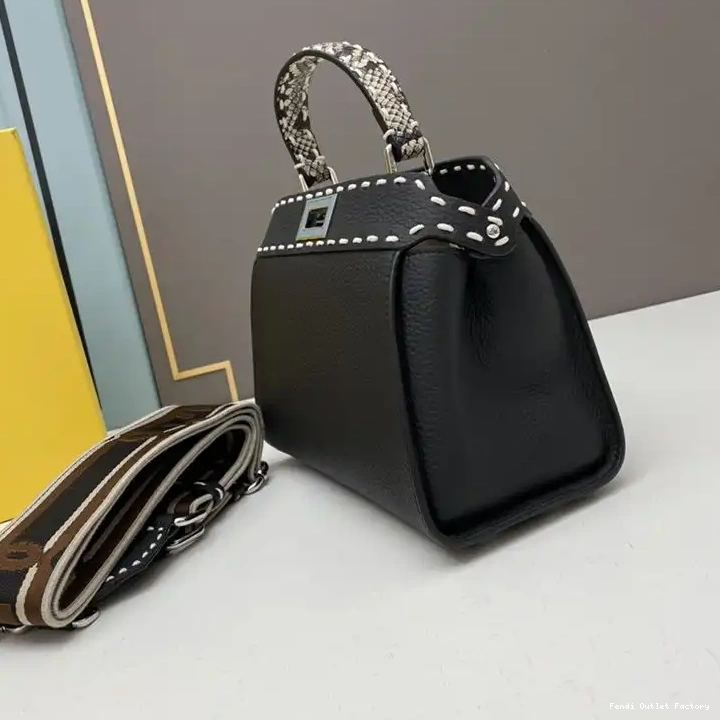 Vintage HOT Peekaboo In Stitching Fendi Black Leather Iconic Mini Calf Bag 0622
